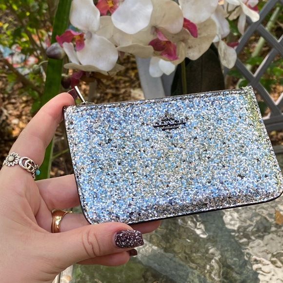 Coach Navy Blue Leather & Silver Glitter Compact Slim Wallet - Picture 11 of 16